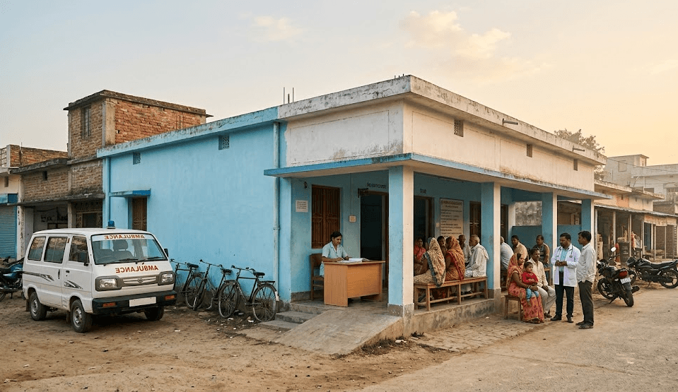 Morning clinic reception in Bihar with patients arriving for care